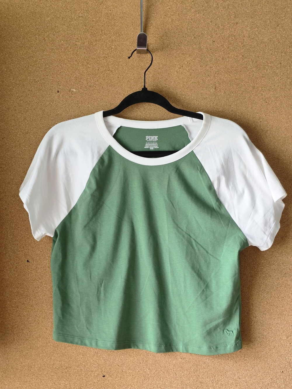 Victoria’s Secret PINK Colorblock Tee Green White XL Cotton Stretch Cropped